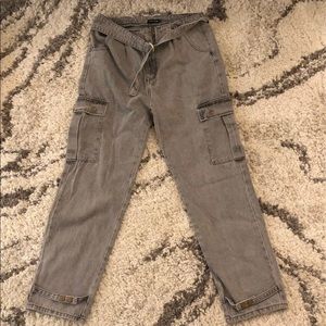 Pretty Little Thing (PLT) Washed Grey Cargo Pocket boyfriend jeans.